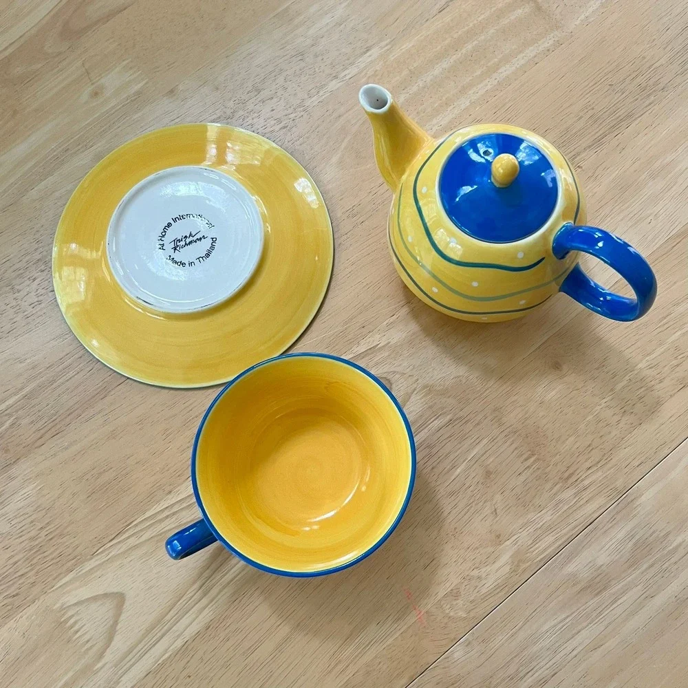 Trish Richman At Home International Tea For One Set Vintage 1990s Yellow Blue